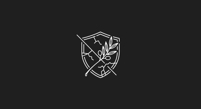 Monochromatic vintage style logo featuring a crossed olive branch inside a heraldic shield, symbolizing the absence of peace, a time of conflict, or broken agreements