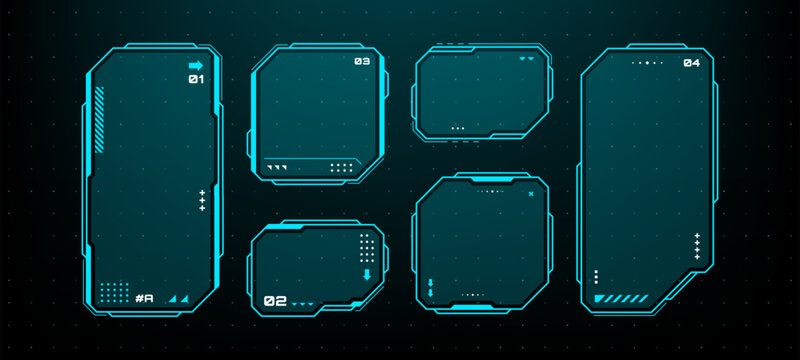 Set of blue hud vector graphics frames. Digital interface elements for sci-fi user display. Futuristic control panel elements for data visualization or gaming dashboard design.