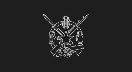 Obraz premium Vintage military emblem illustration with rifles, grenades, cannon, and a star, symbolizing armed forces and historical valor
