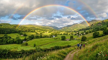 Fototapeta premium A vibrant rainbow arcs over a picturesque valley landscape.
