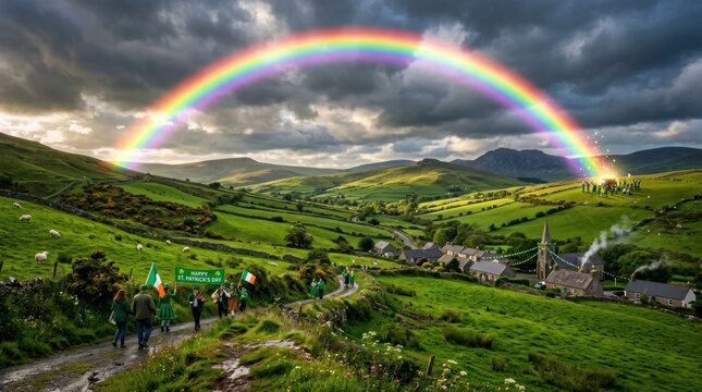 A vibrant rainbow arcs over a picturesque Irish landscape.