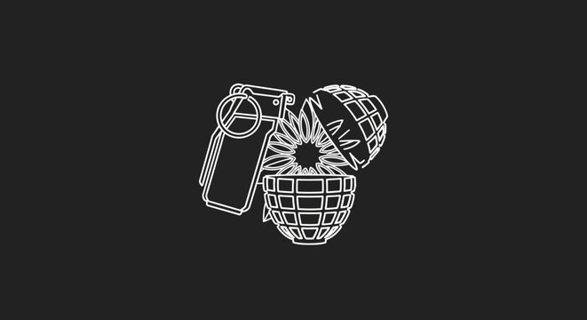 Stylized minimalist line art illustration featuring a cluster of abstract grenades, symbolizing concepts of defense, strategy, security, and tactical operations