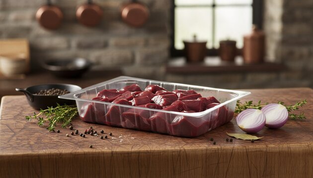 Fresh beef heart cubes on rustic butcher block with herbs