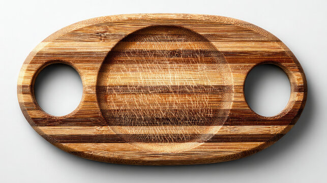 Striped Wooden Coaster with Circular Indentations and Handle Holes.