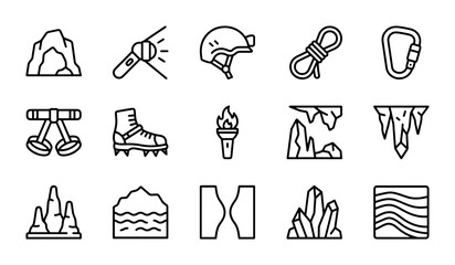 Caving Equipment Icons, Adventure Gear Set, Outdoor Exploration Symbols, Black and White Vector Graphics © Rakib