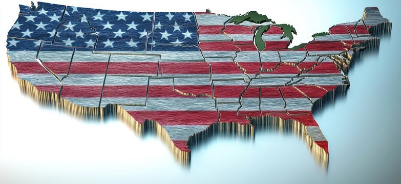 three-dimensional map of the contiguous united states covered in red, white and blue stars and stripes, segmented by state borders with deep engraved edges, bold patriotic mood