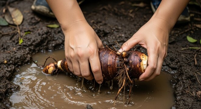 Hands actively cleaning a freshly harvested wild taro root in murky water