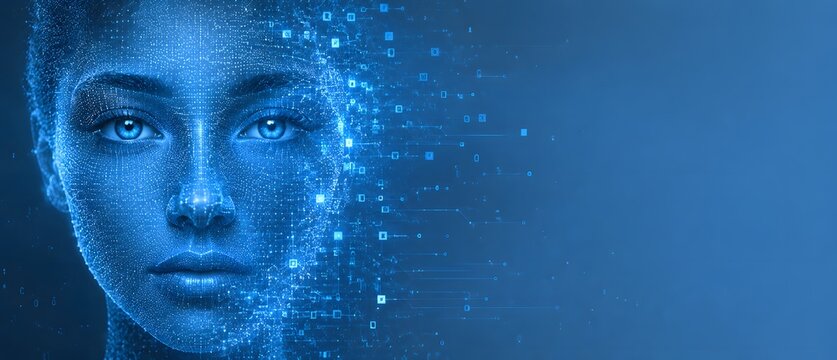 Futuristic digital human face composed of glowing particles and data mesh on blue background