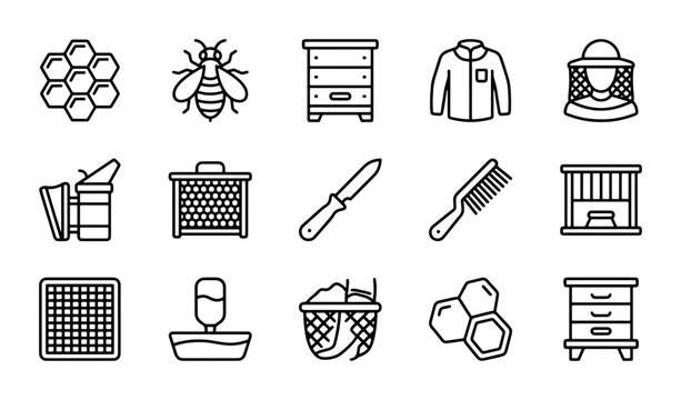 Beekeeping Icons Set, Apiary Equipment Vector Graphics, Honeycomb & Bee Symbols