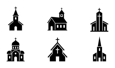Church Icons Set, Religious Building Silhouettes, Christian Worship Place Graphics, Vector Collection © Faria