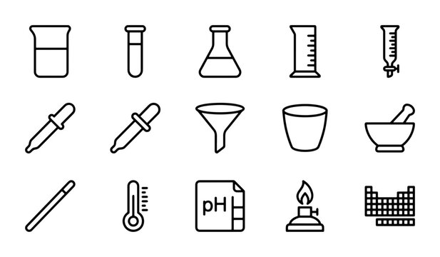 Science Lab Icons Set: Beaker, Test Tube, Flask, Pipette, Funnel, Mortar Pestle, Thermometer, pH Meter, Bunsen Burner, Periodic Table