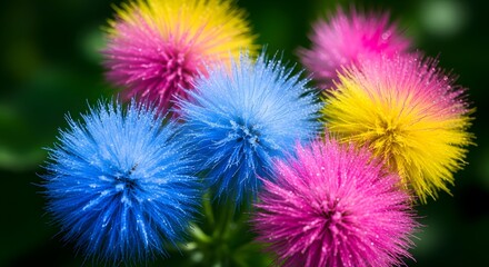 Obraz premium Colorful Thistle Flowers in Pink Yellow and Blue Close Up Vibrant Dyed Thistle Heads Against Blurred Green Background Cluster of Colorful Thistle Flowers with Spiky Texture