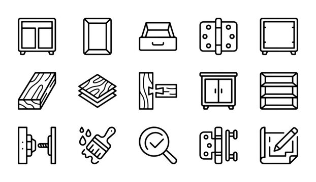 Woodworking Icons Set, Furniture Hardware & Joinery Vector Graphics, Carpentry Tools & Materials