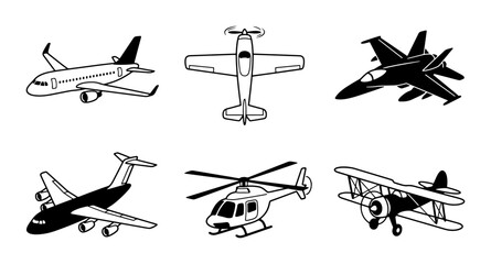 Diverse Aircraft Collection: Jetliner, Propeller Plane, Fighter Jet, Helicopter, Biplane Icons © Sabrina