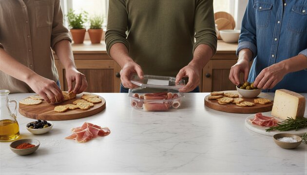 Friends arranging tapas platter with ham rollitos