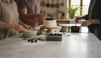 Fototapeta premium Friends preparing a berry dessert in a warm home kitchen