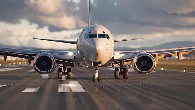 Commercial Airplane Landing on Airport Runway at Sunset