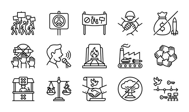 Peace and Protest Icons: Social Justice, Human Rights, and Anti-War Symbols Set