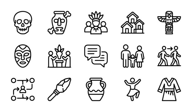 Indigenous Culture Icons: Tribal People, Ancient Artifacts, Traditional Symbols, Vector Set