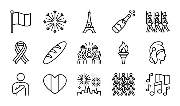 French Icons Set, Bastille Day Symbols, Paris Landmarks, Celebration Elements, Vector Graphics