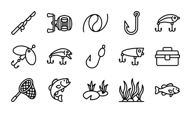 Fishing Icons Set, Vector Graphics, Rod, Reel, Lure, Hook, Tackle Box, Net, Fish, Plants, Water Elements