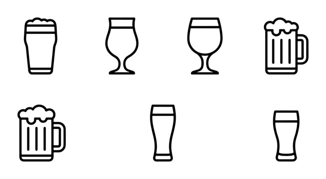 Beer Glass Icons Set, Beverage Drinkware Vector Collection, Pub Alcohol Drink Symbols