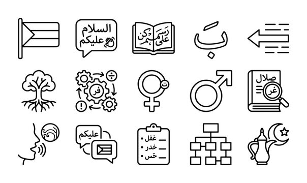 Arabic Islamic Culture Icons Set: Symbols of Faith, Language, and Community
