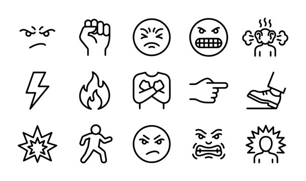 Anger Emotion Icons, Aggression Symbols, Frustration Faces, Rage Vector Set