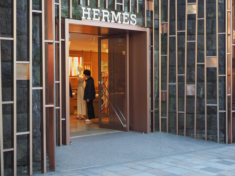 TOKYO, JAPAN - April 12, 2026: Front of a Hermes store in Tokyo's Omotesando area.