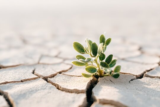 A resilient plant thriving in dry, cracked earth, symbolizing survival and perseverance. The plant's vibrant green leaves contrast with the arid, parched ground