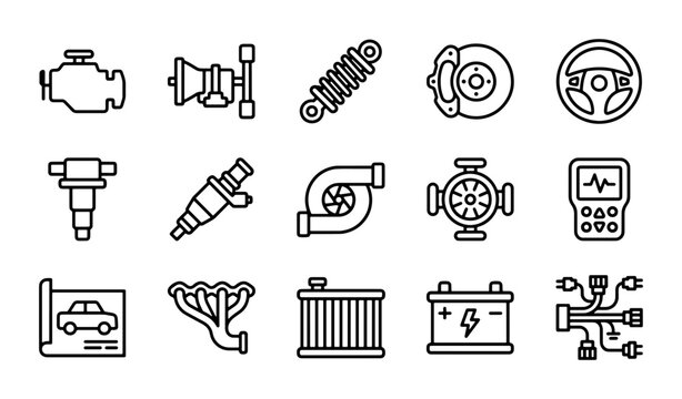 Automotive Parts Icons Set, Car Components Vector Graphics, Vehicle Repair Symbols Collection