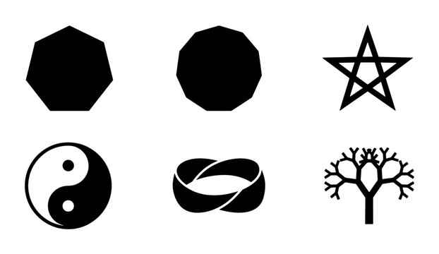 Geometric Shapes and Symbols Collection: Yin Yang, Mobius Strip, Fractal Tree, Star