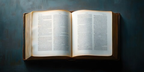 Fototapeta premium open aged book with two-column printed text and yellowed pages on a dark textured surface, bathed in warm light and soft shadow, evoking calm, contemplative nostalgia