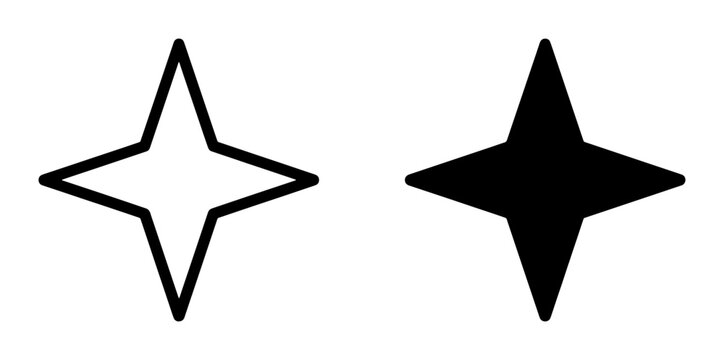 Four Point Star Icons, Outline and Solid Black, Simple Geometric Shapes for Design