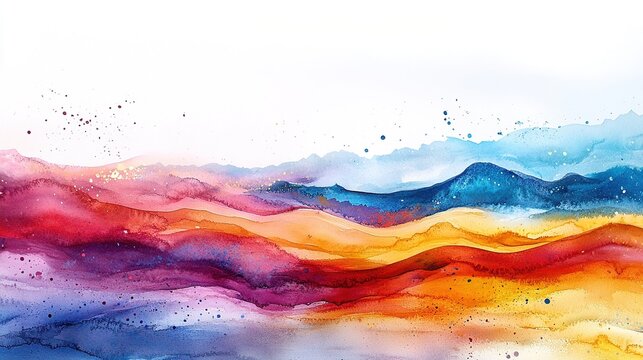 Vibrant abstract watercolor landscape with rolling hills, colorful splashes, and paint splatters, artistic background for design or creative projects.