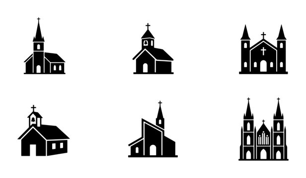 Church Icons Set, Religious Building Silhouettes, Christian Place of Worship Vector Graphics