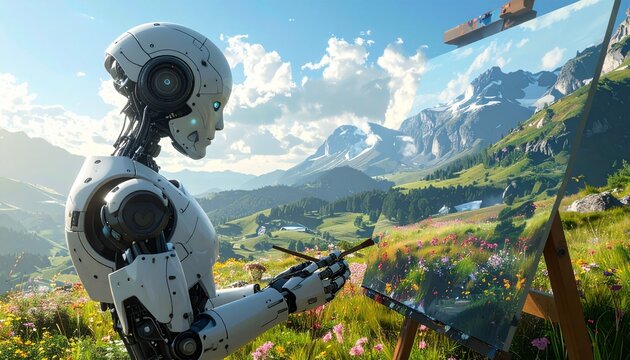 Robot Drone Overlooking Mountainous Landscape.