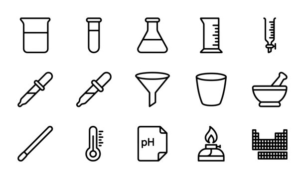 Science Lab Icons Set: Beaker, Test Tube, Flask, Pipette, Funnel, Mortar, Burner, Periodic Table