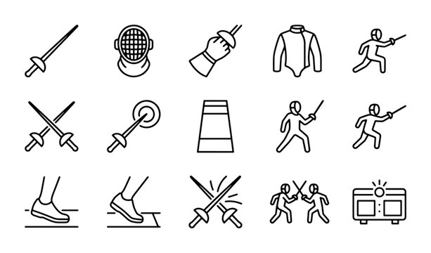 Fencing Sport Icons Set, Sword Fighting Equipment Vector Graphics, Athletic Competition Symbols