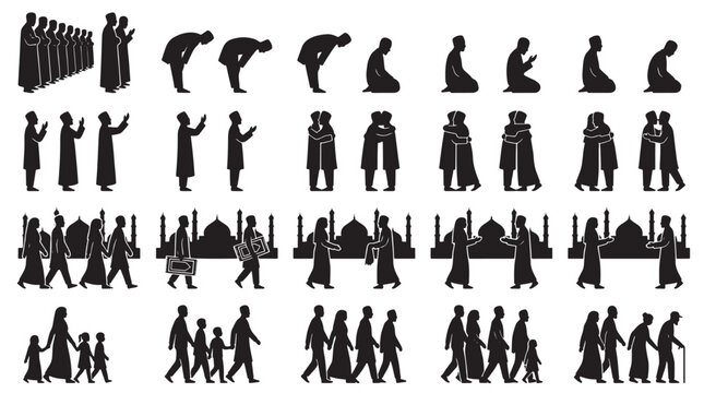 Eid Morning Prayer Gathering Silhouettes Set Packs, Editable Vector Stroke Illustrations. containing muslim, silhouette, islam, prayer, people, icon, religious and more eid-ul-adha people silhouettes