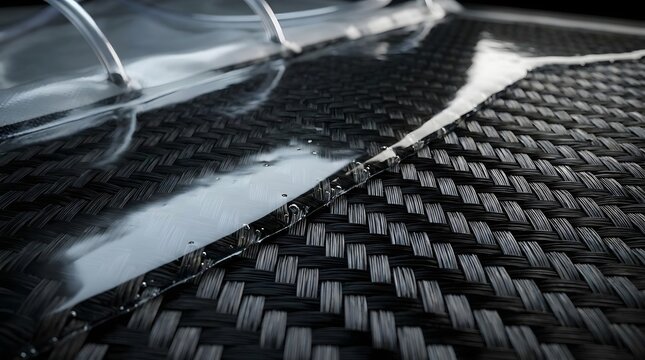 Viscous clear resin coating a textured carbon fiber weave for lightweight structural engineering and automotive manufacturing.