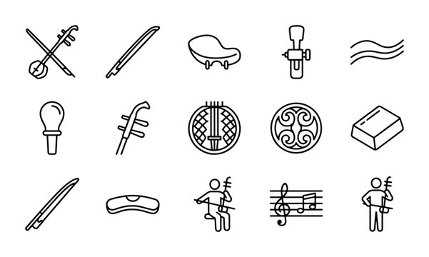 Chinese Musical Instruments Icons, Traditional Erhu & Pipa Vector Set, Asian Culture Music Symbols