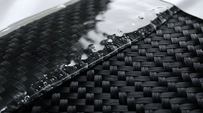Close-up of transparent epoxy resin flowing across woven carbon fiber mesh in a high-tech composite manufacturing process.