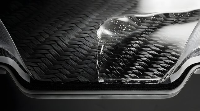 Macro view of clear epoxy resin pouring over woven black carbon fiber fabric during an advanced composite material manufacturing process.