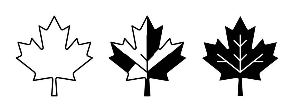 Maple Leaf Icons: Outline, Two-Tone, Solid Black, Canadian Symbol Vector Art
