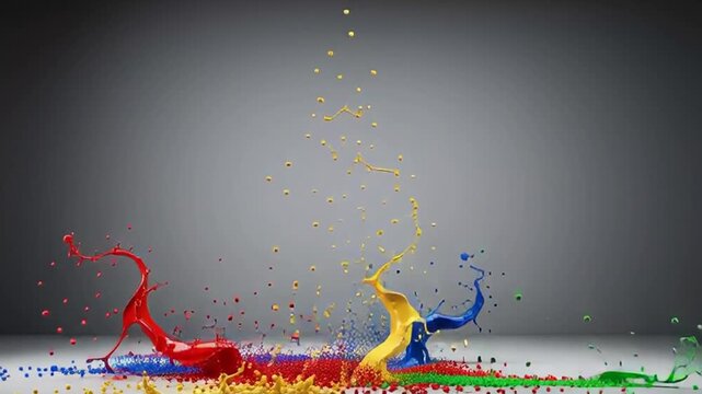 Creative abstract background with colorful splashes featuring a floral nature pattern of summer leaves and a rainbow wave swirl design