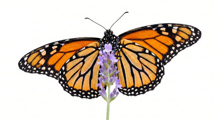 Fototapeta premium Monarch butterfly with spread wings perched on lavender flower isolated on white background