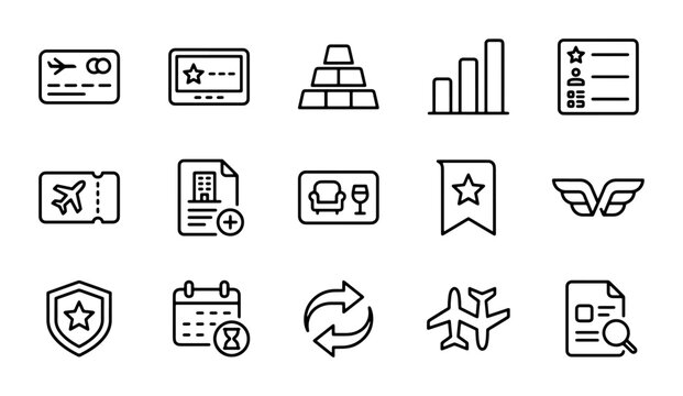 Travel Loyalty Program Icons: Airline Miles, VIP Status, Rewards, Airport Lounge, Flight Booking