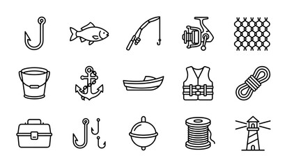Fishing Icons Set: Vector Graphics for Angling, Boating, and Outdoor Recreation © Saiful