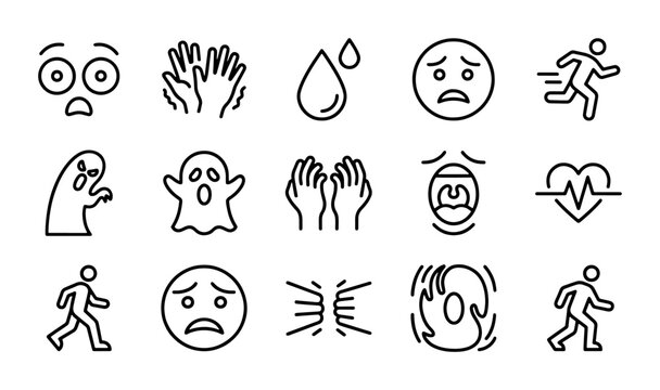 Fear and Anxiety Icons: Ghost, Running Man, Heartbeat, Sweat Drop, Sad Faces, Vector Set